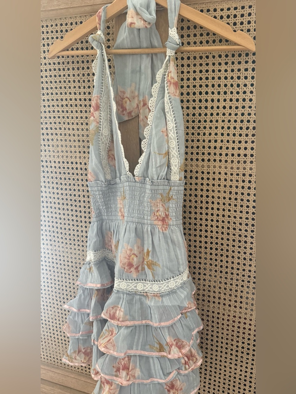 LoveShackFancy Pale Blue Floral Lace Tiered Mini Backless Dress- size XS